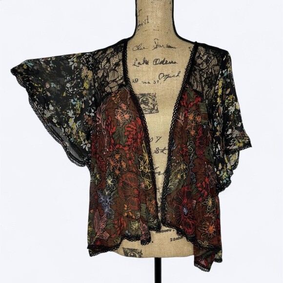 Fig And Flower Sheer Cardigan Top L Black Floral Flutter Sleeve Whimsigoth Fairy - Picture 1 of 14